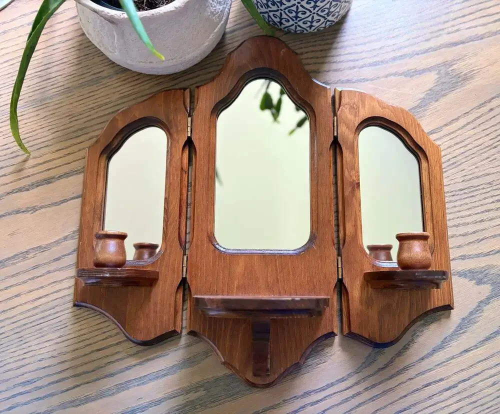 Vintage MCM Tri-Fold Wooden Wall Sconce Mirror with Candle Holder Shelf